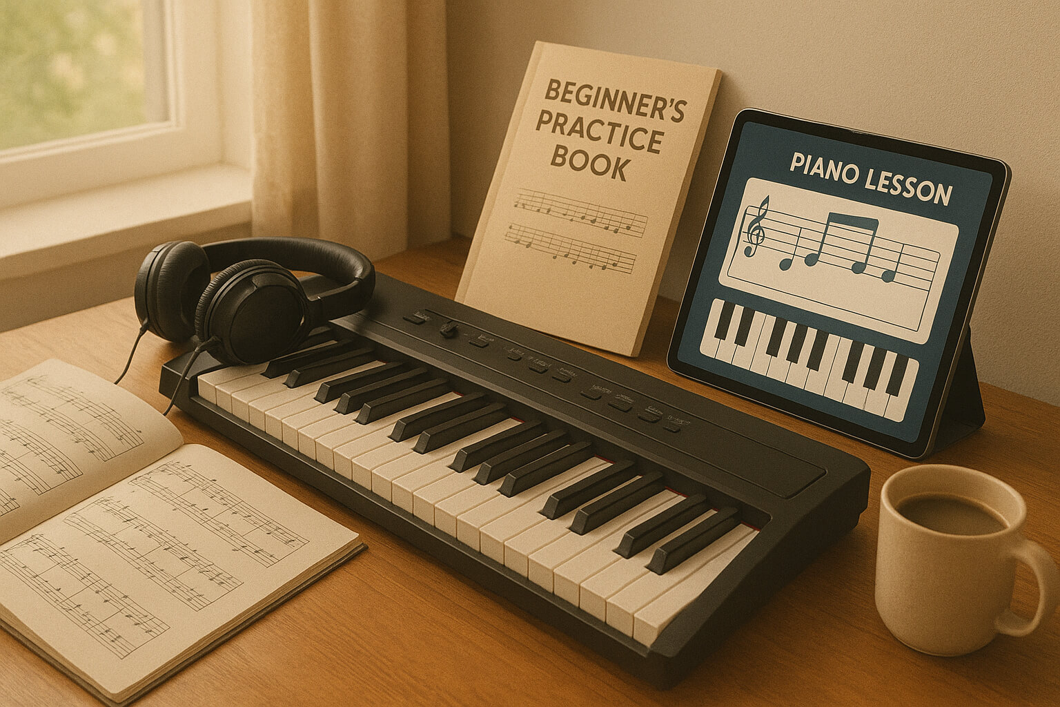 Beginner piano practice setup with tablet app, sheet music, and headphones on a wooden desk.