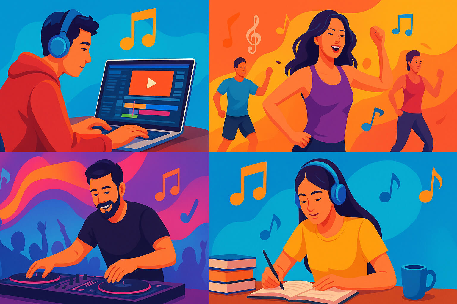 Creative uses for free downloadable music, including video editing, fitness classes, parties, and studying with headphones.