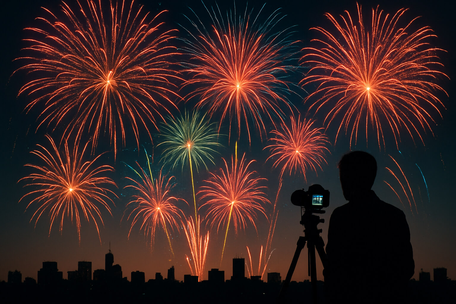 Photographer capturing a vibrant fireworks display in the night sky with a city skyline in the foreground.