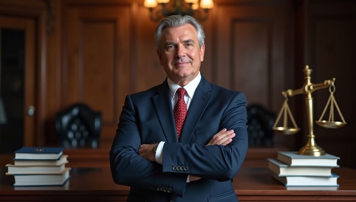 Personal injury lawyer in courtroom symbolizing strong verdicts and settlements.