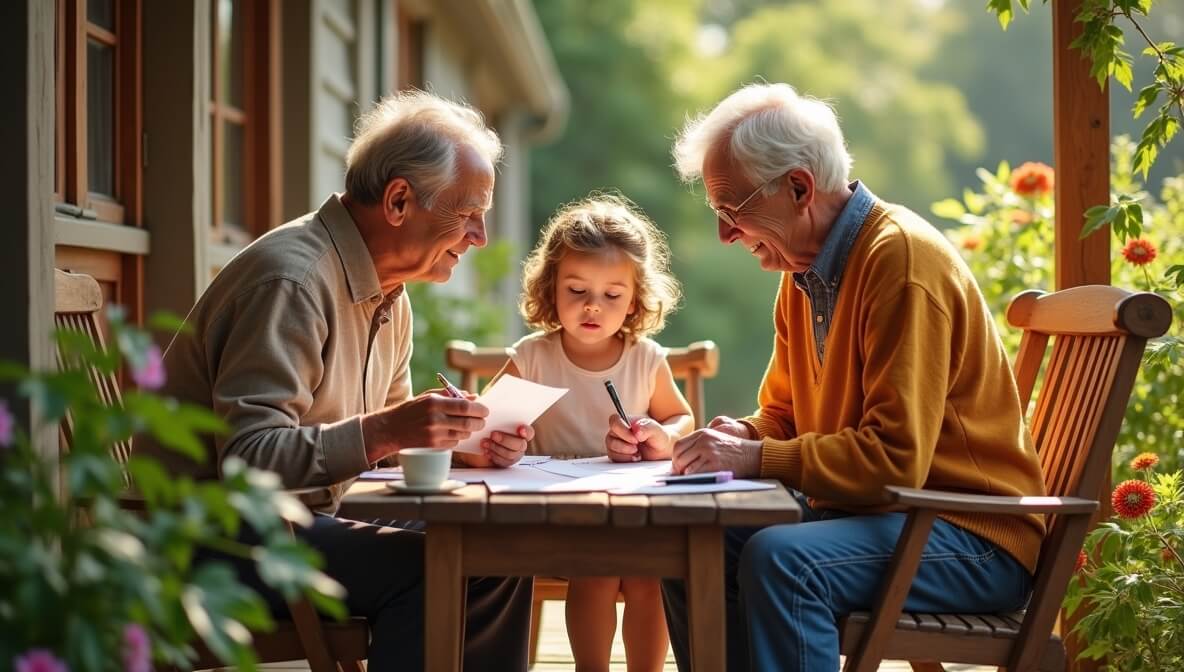 Grandparents reviewing legal papers about visitation while spending time with their grandchild.