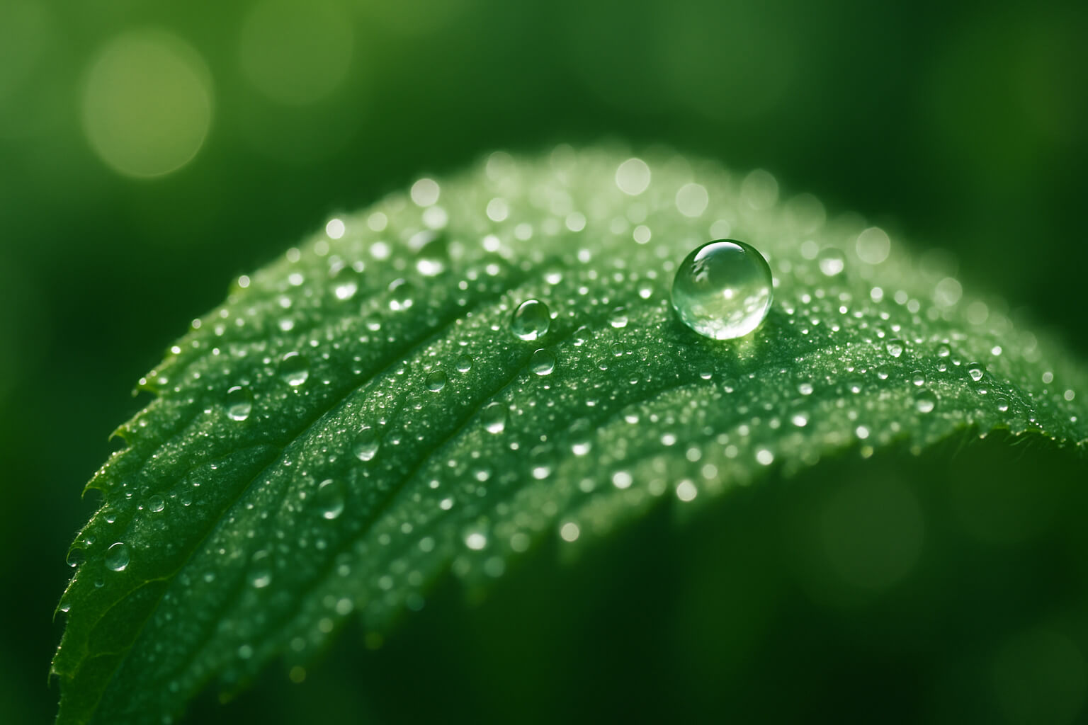 Macro shot of a green leaf with water droplets and blurred background.