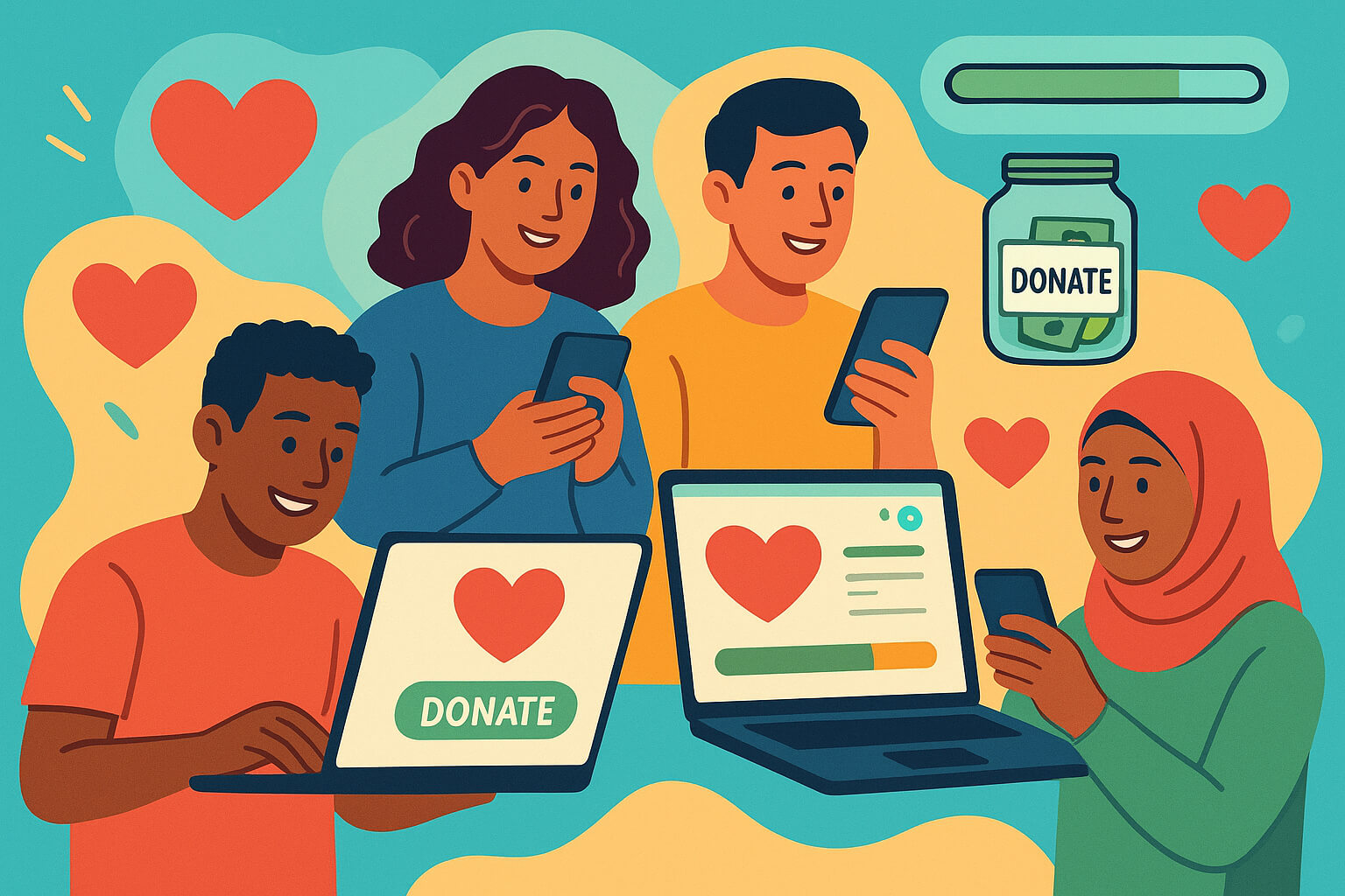 Community members using laptops and smartphones to share fundraising campaigns, representing peer-to-peer fundraising and network engagement.