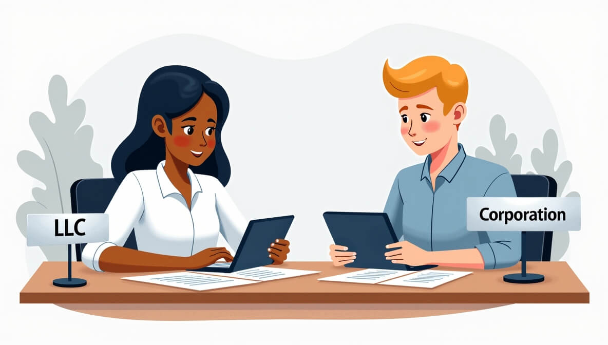Two business owners comparing LLC and Corporation documents side by side.