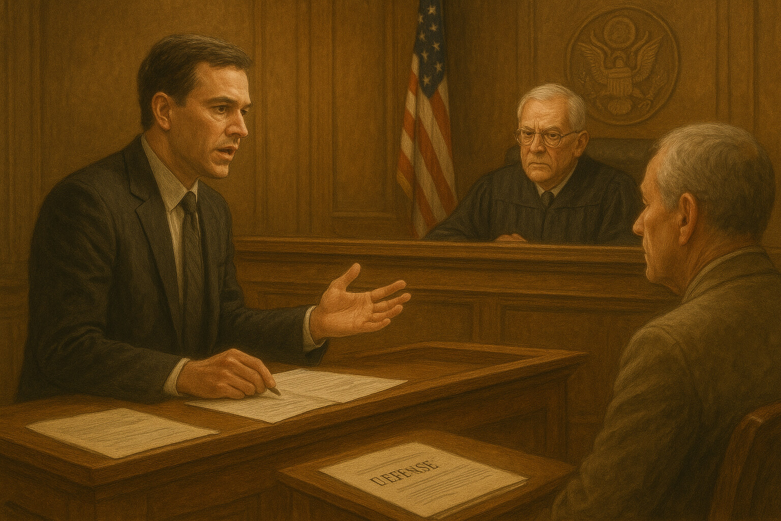Defense attorney arguing in federal court during a drug trafficking case.