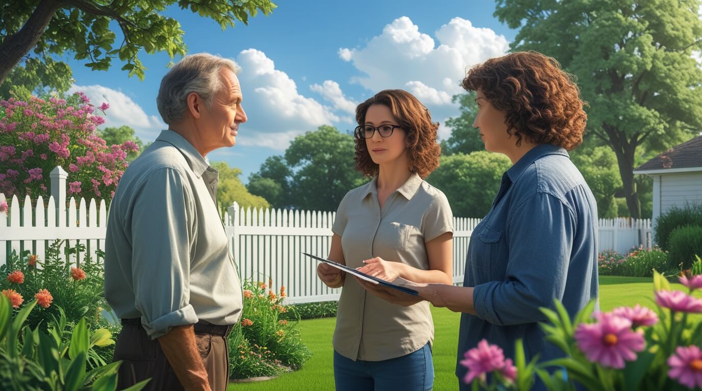 Neighbors calmly discussing a property boundary issue with a mediator outdoors.