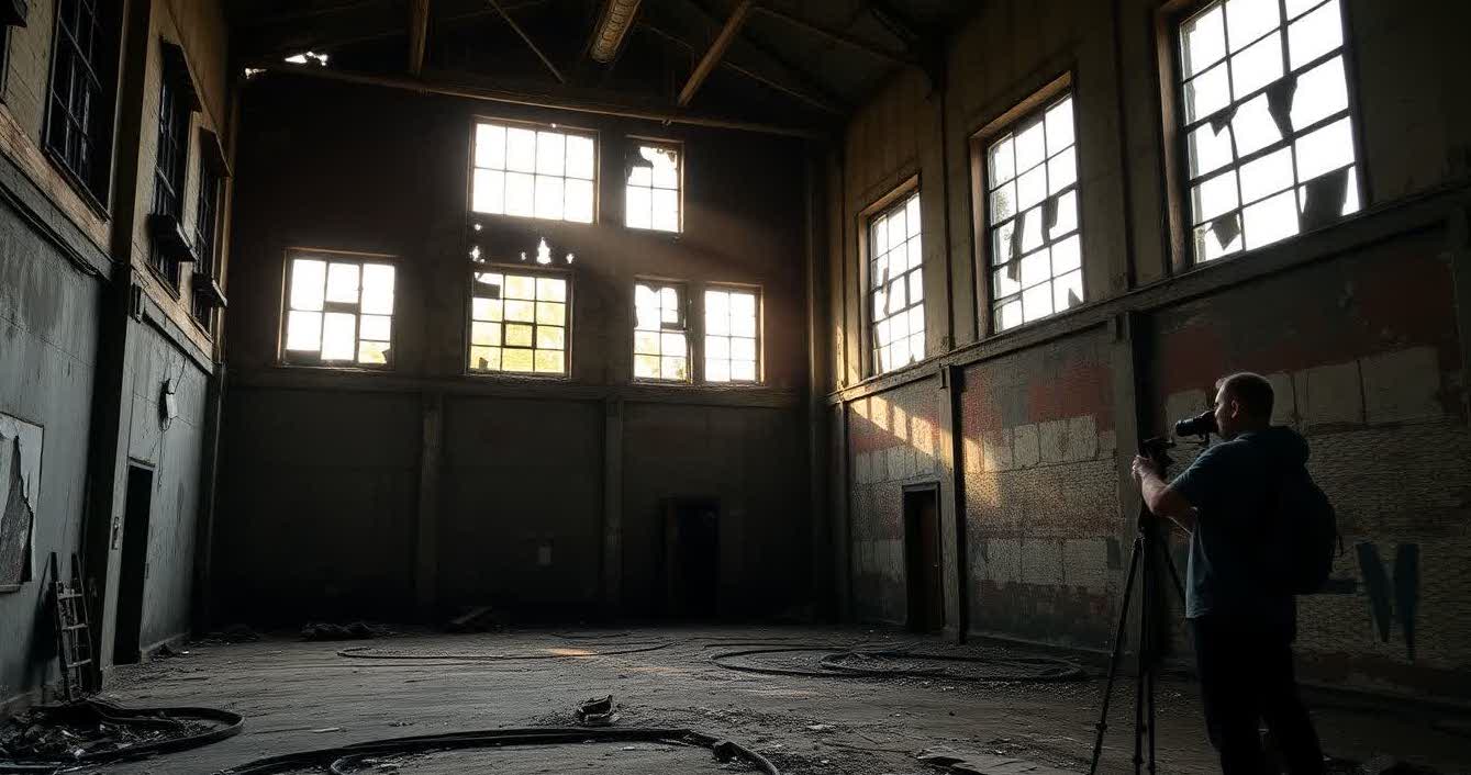 Photographer capturing abandoned building interior with dramatic light and decayed textures.