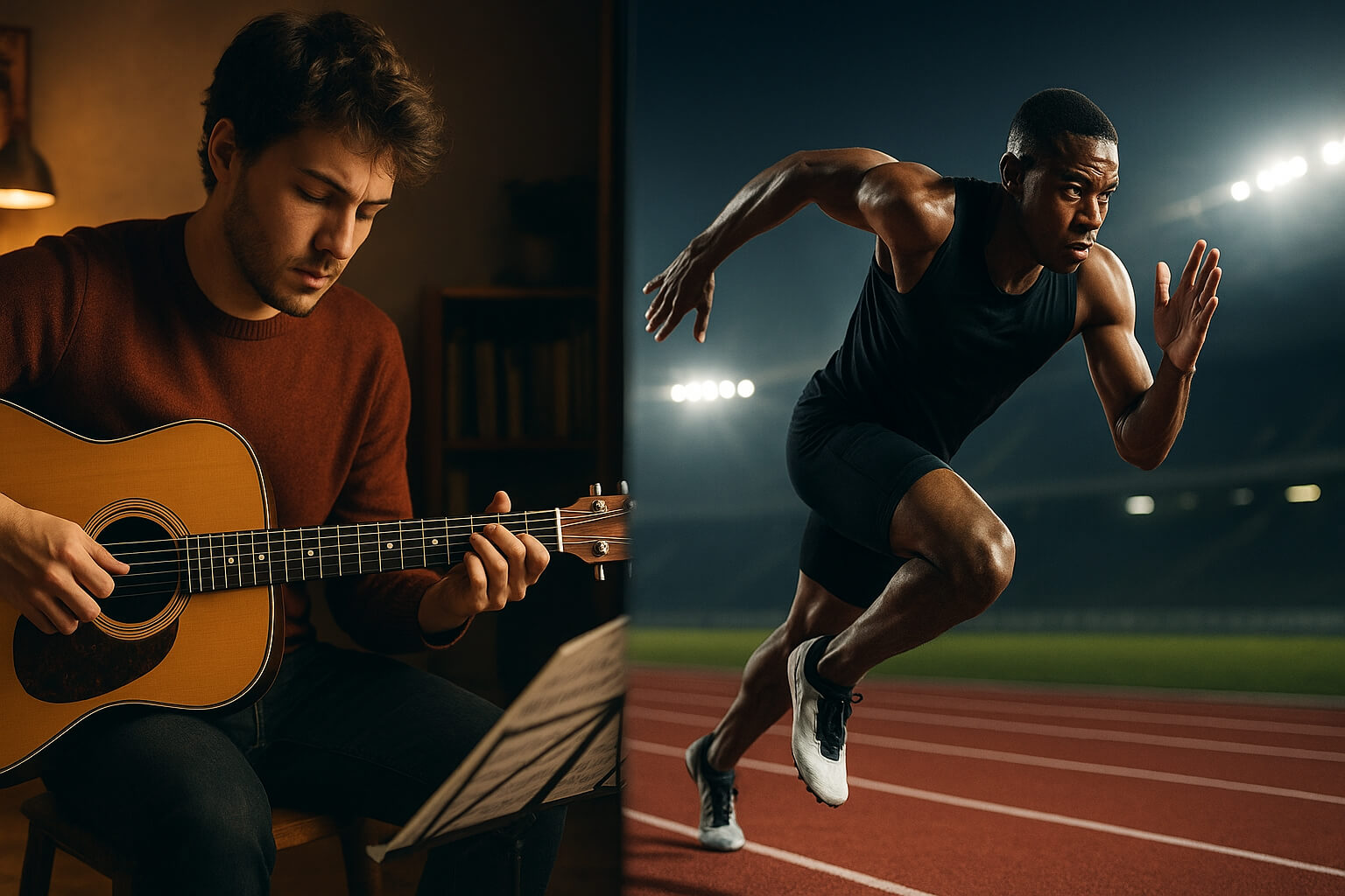 A split image showing a musician practicing guitar on one side and an athlete training on the other, symbolizing the comparison between music and sports discipline.