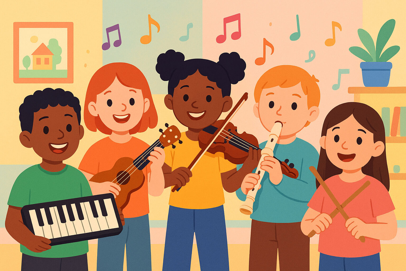 Group of happy kids playing beginner-friendly musical instruments like piano, ukulele, violin, recorder, and drums in a colorful, playful learning environment.