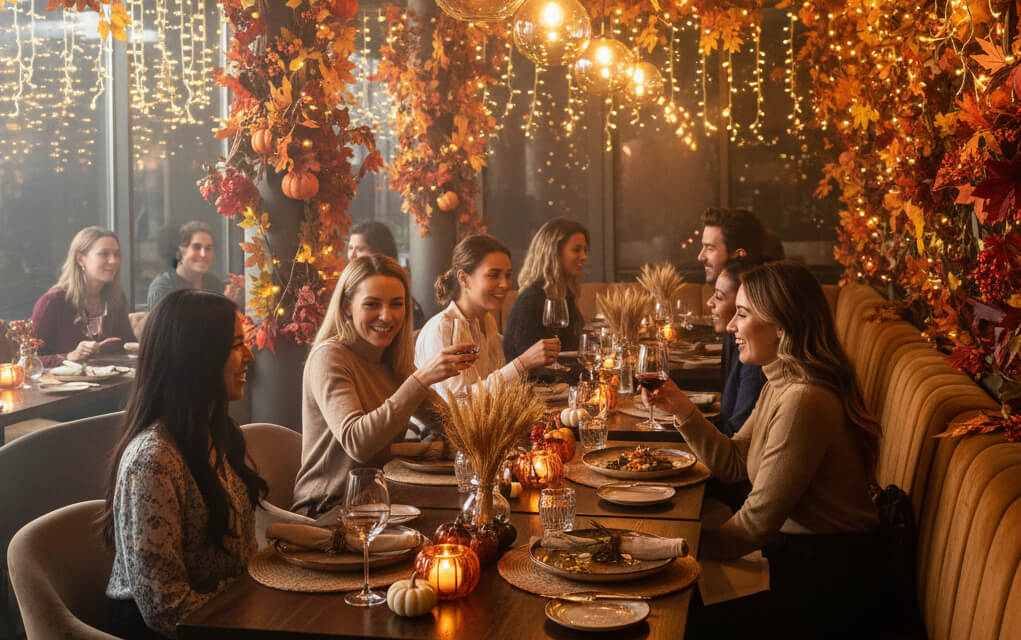 Restaurant interior with festive seasonal décor, themed lighting, and happy diners enjoying a seasonal atmosphere