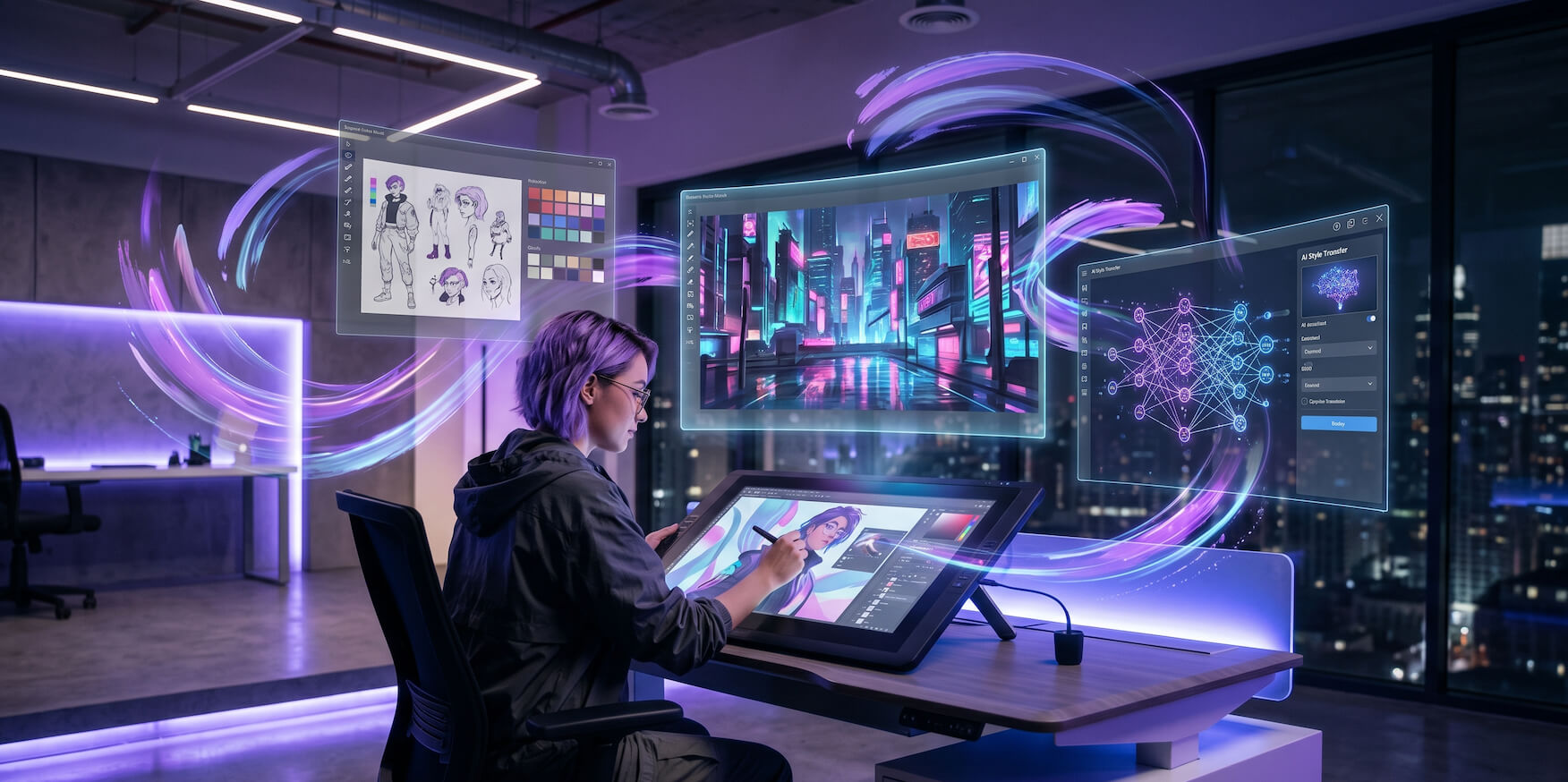 A digital artist working with AI-powered creative tools in a futuristic studio in 2026