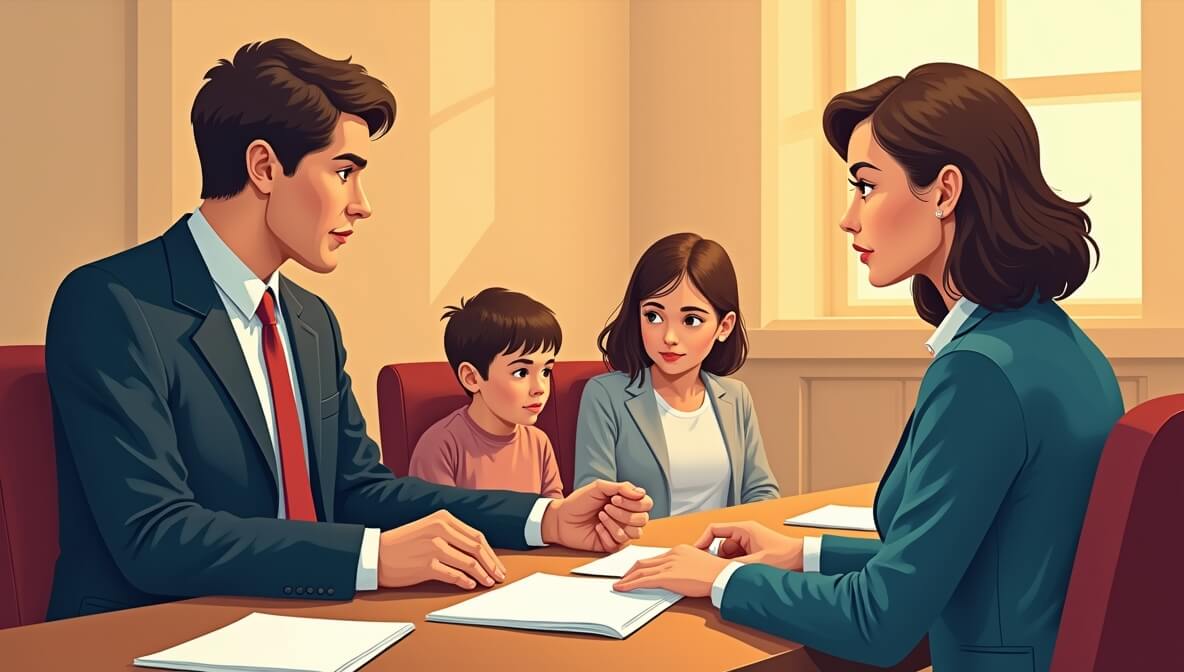 Parent and lawyer in a family court hearing during a child custody case.