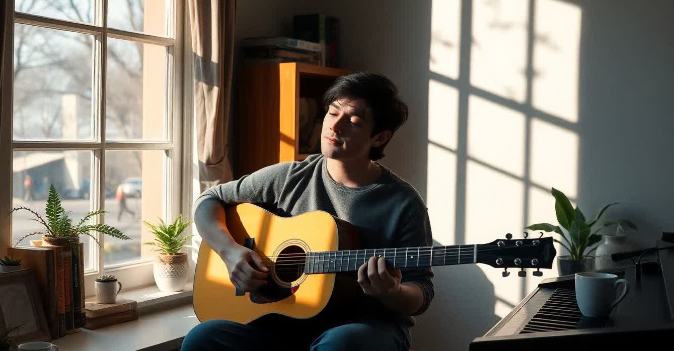 Person playing acoustic guitar in a calm, light-filled room, expressing relaxation and mindfulness.