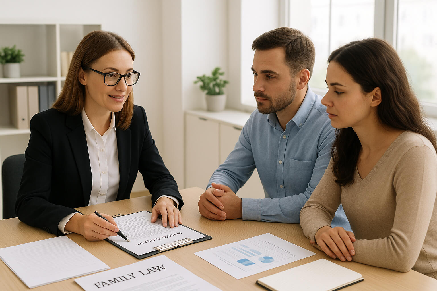 Family law attorney reviewing documents with a client during an initial consultation.