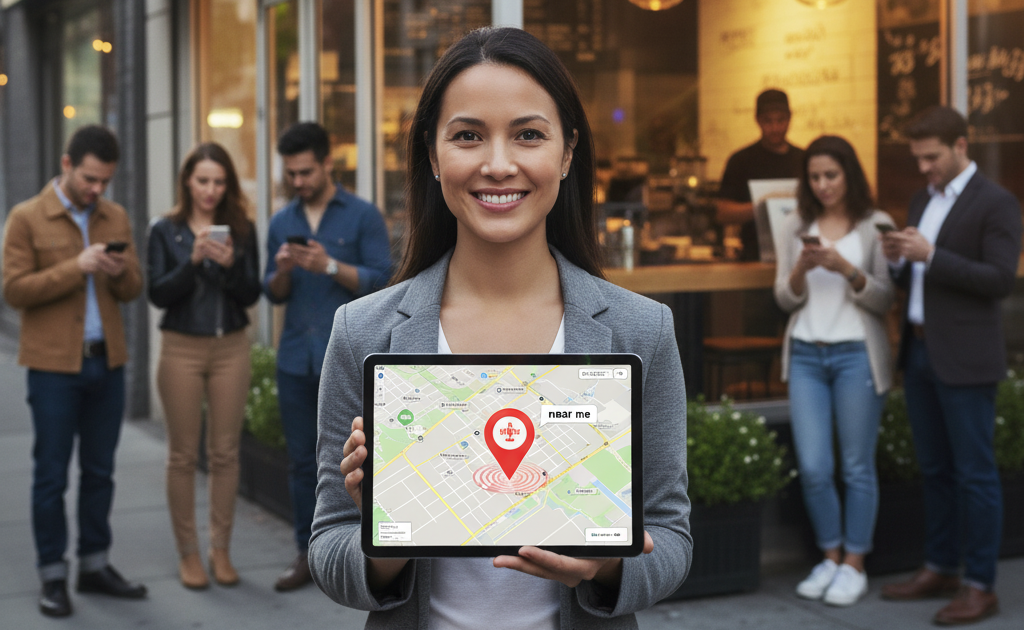 Restaurant owner using tablet to optimize website for “near me” searches with location pin and customers searching nearby.
