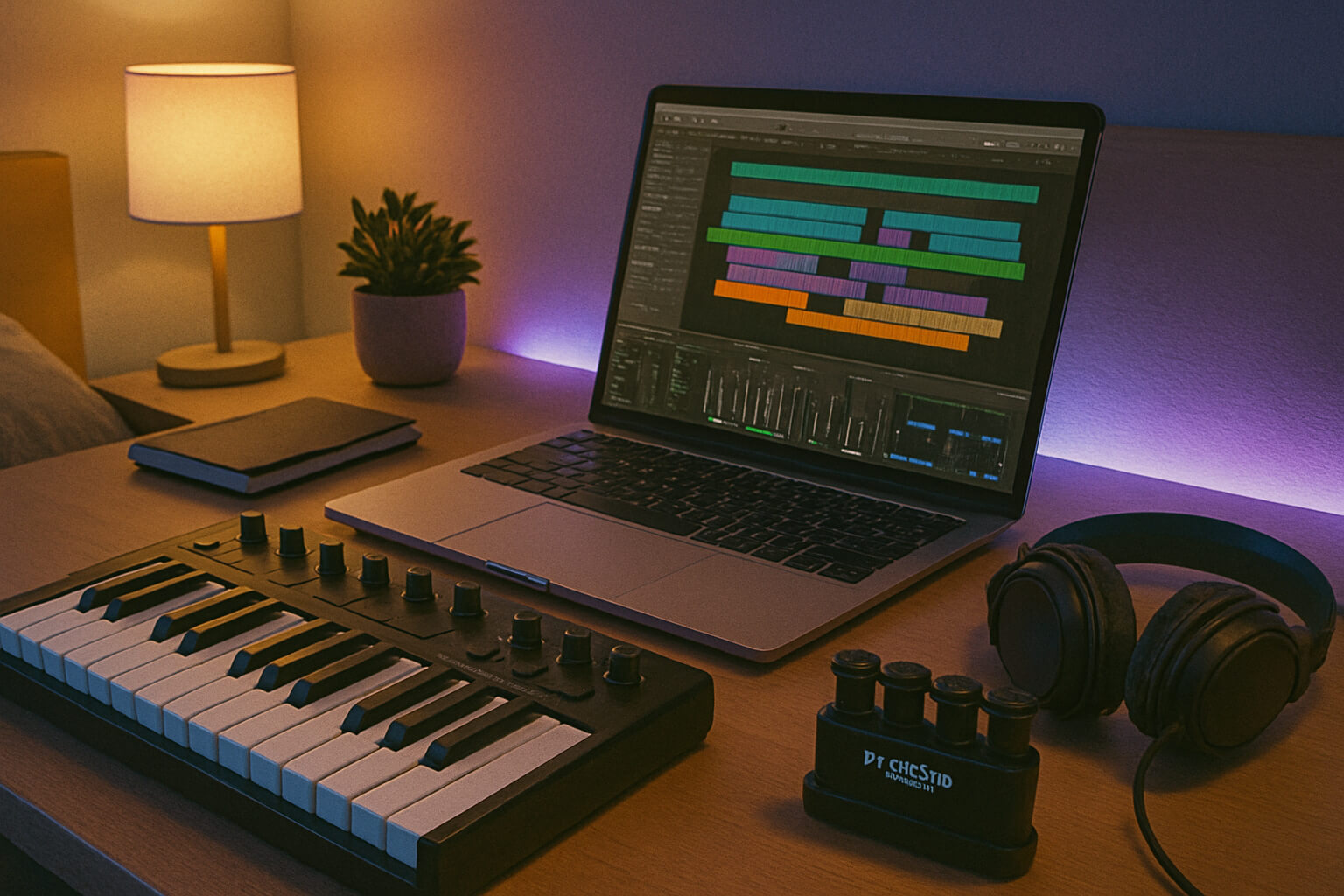 Compact MIDI keyboard connected to a laptop in a cozy home studio setup.