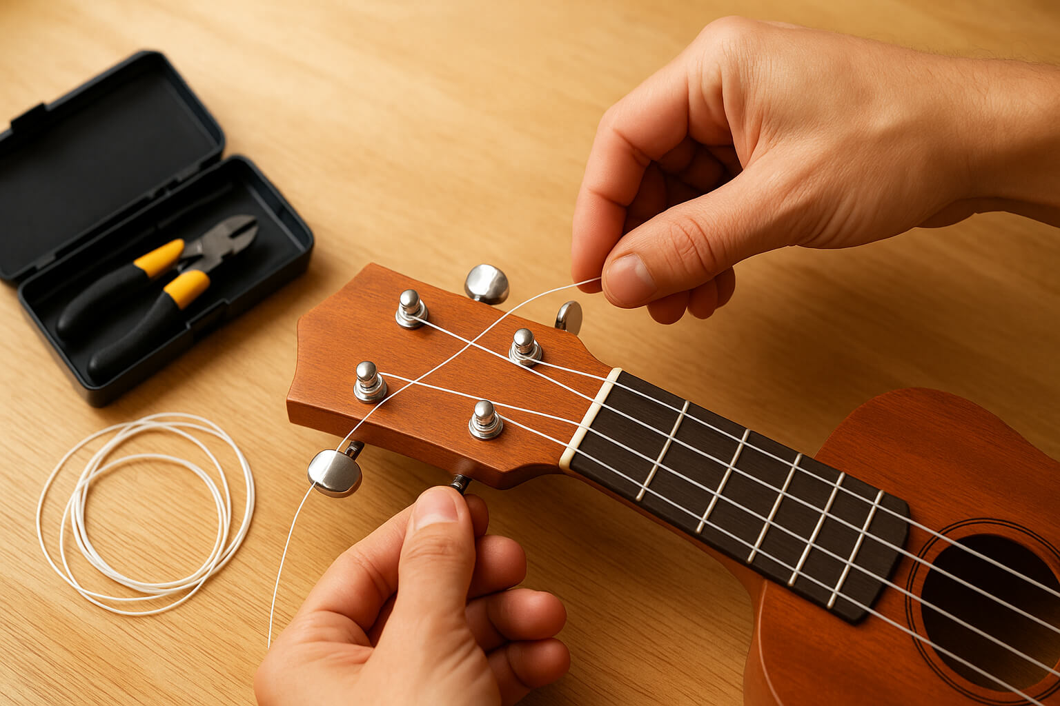 Step-by-step guide showing hands changing ukulele strings with tuning pegs and bridge in view