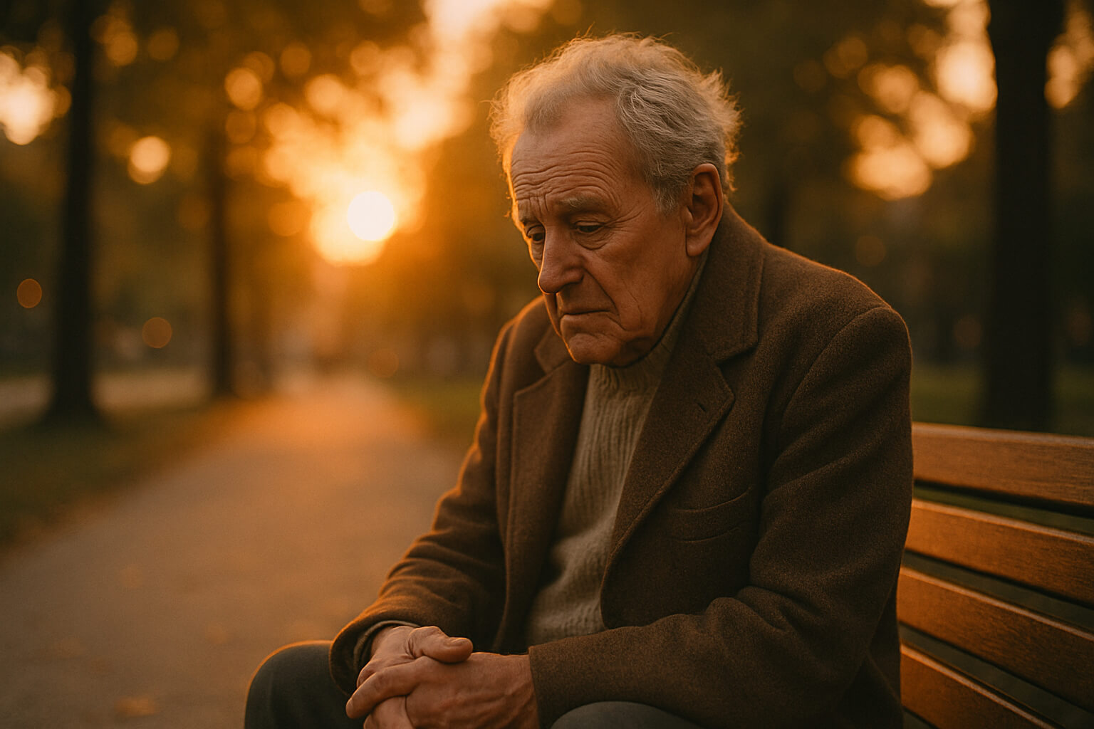 Candid street photo capturing raw emotion of elderly man at sunset.