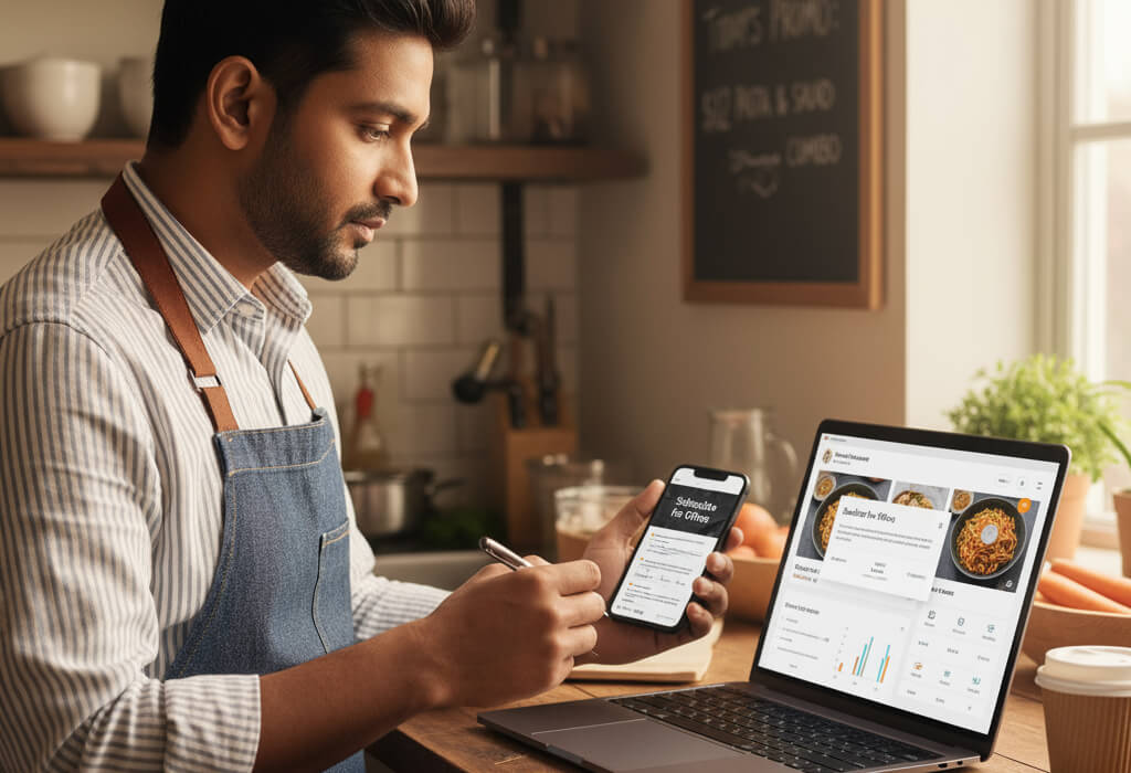 Restaurant owner managing an email marketing campaign to grow customer base beyond social media platforms.