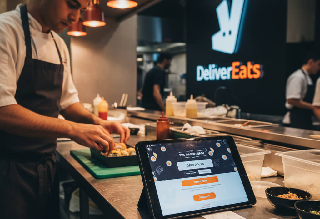 Restaurant staff preparing an order with direct online ordering on a tablet, highlighting advantages over delivery apps.