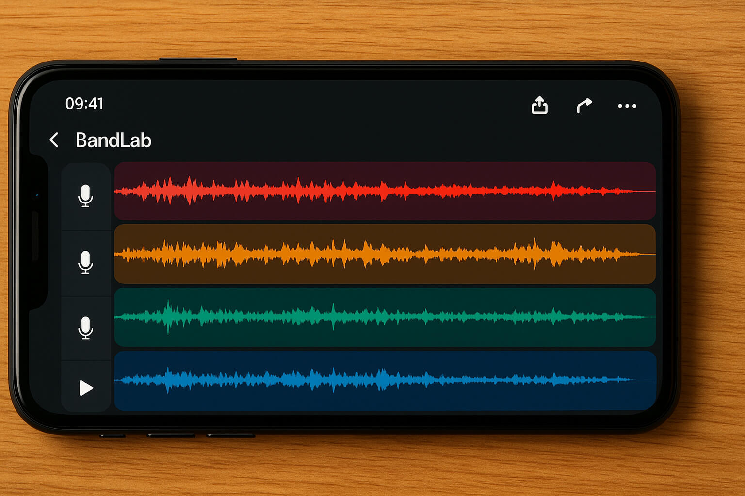 BandLab app interface with audio tracks and effects on a smartphone.