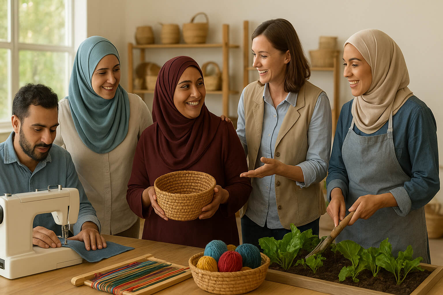 Refugee women and men engaging in small businesses and skill training programs to support self-sufficiency and community resilience.