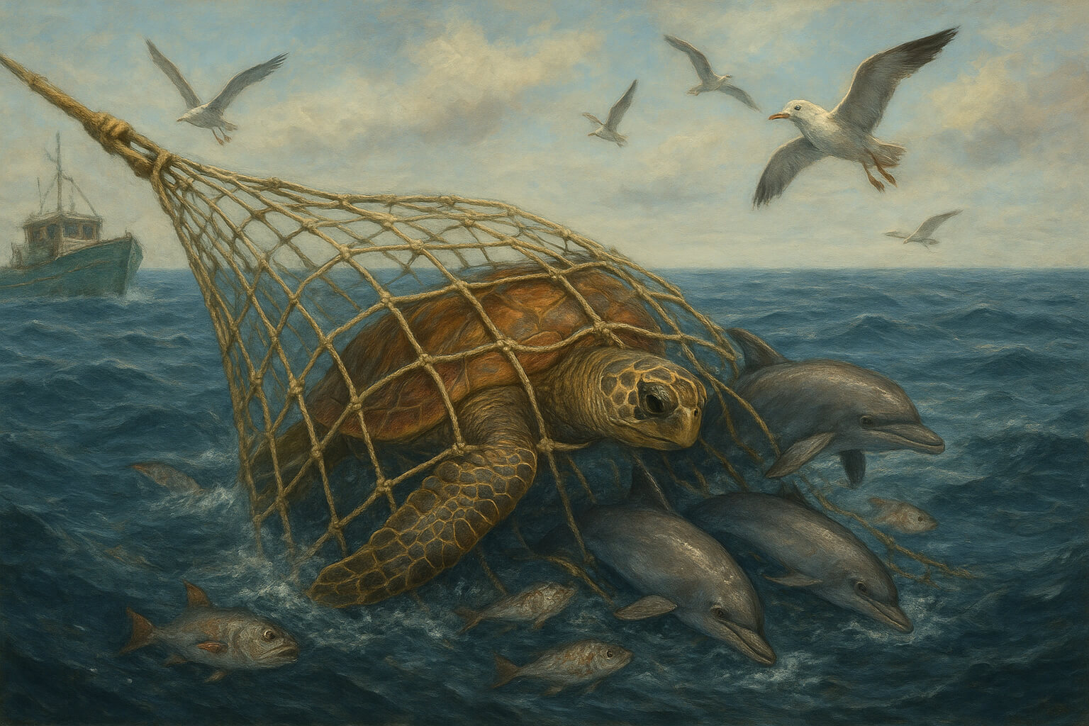 Fishing net pulling up unintended marine animals such as turtles and fish, symbolizing the harmful effects of bycatch on ocean ecosystems.