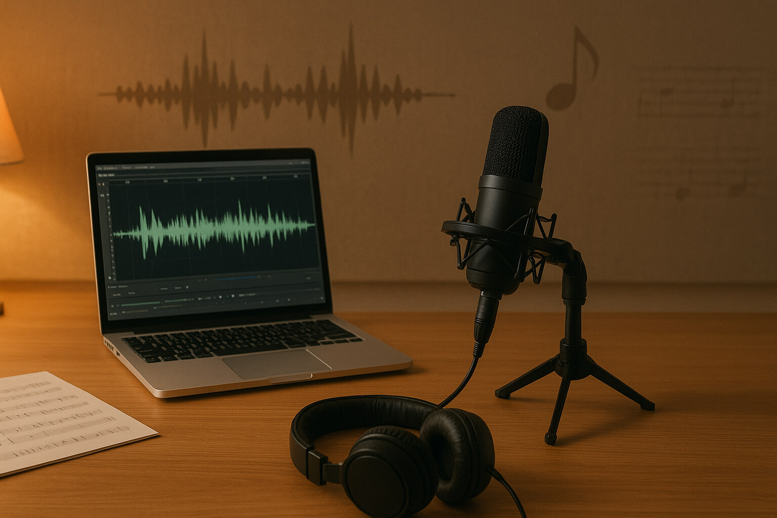 Podcast recording setup with microphone, laptop, and headphones, highlighting royalty-free music usage.