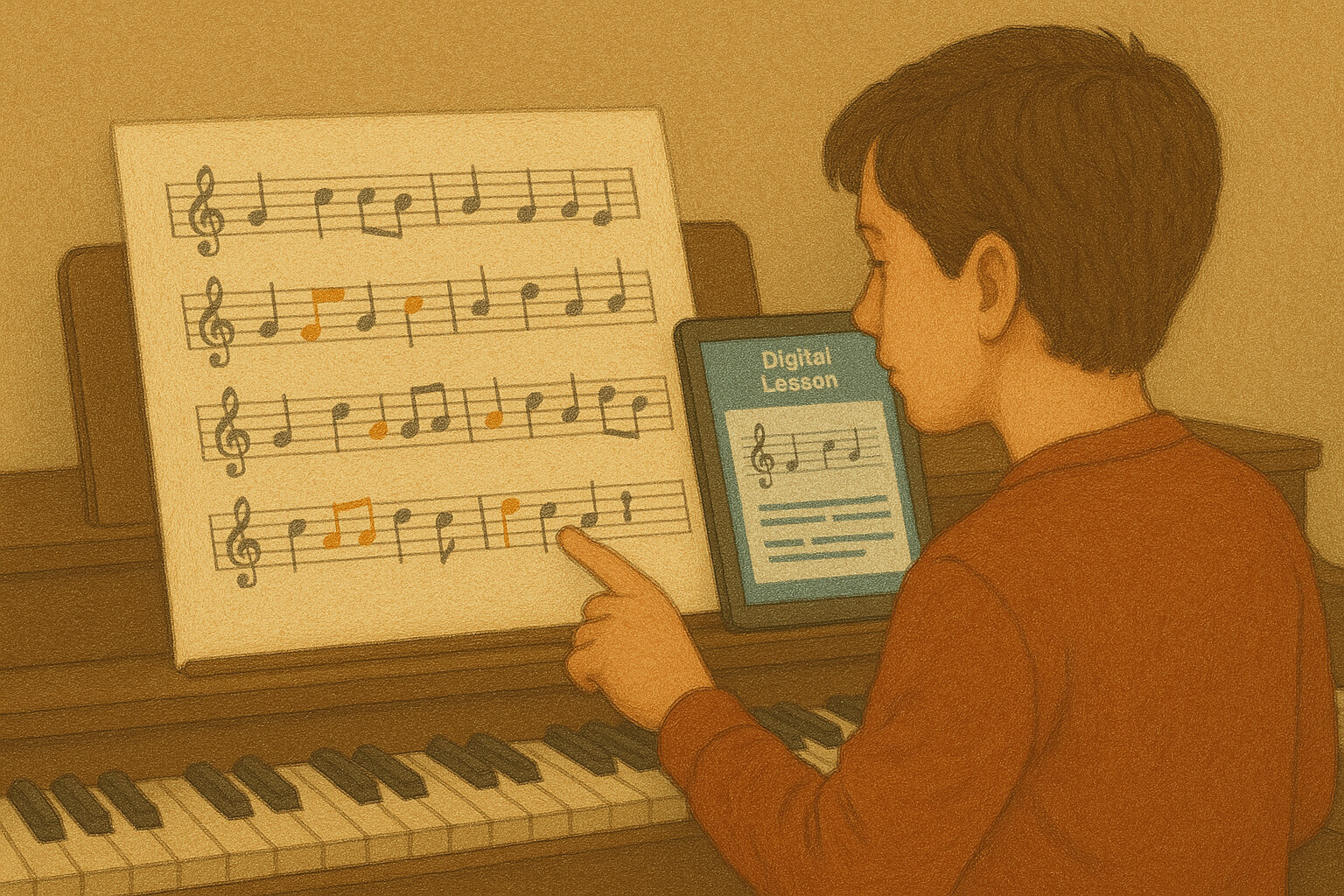 Beginner learning to read sheet music using visual aids and digital tools at a piano.