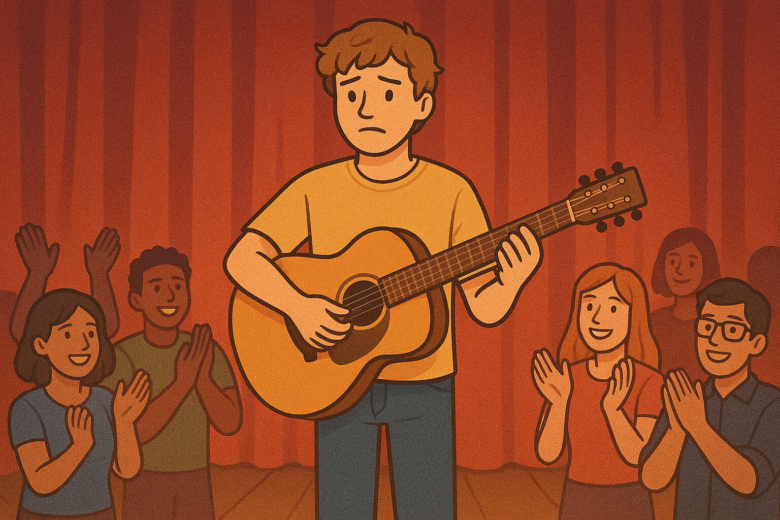 Beginner musician on stage facing stage fright, with supportive audience applauding, symbolizing overcoming performance anxiety.