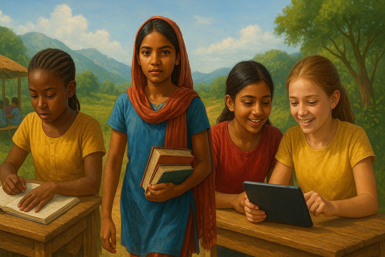 Girls from diverse regions studying in classrooms and outdoor spaces, symbolizing global efforts to break down barriers to education.