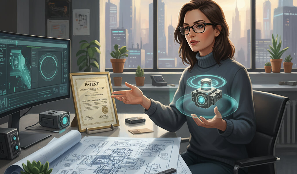 Inventor examining blueprints and a patent certificate to protect a new invention.