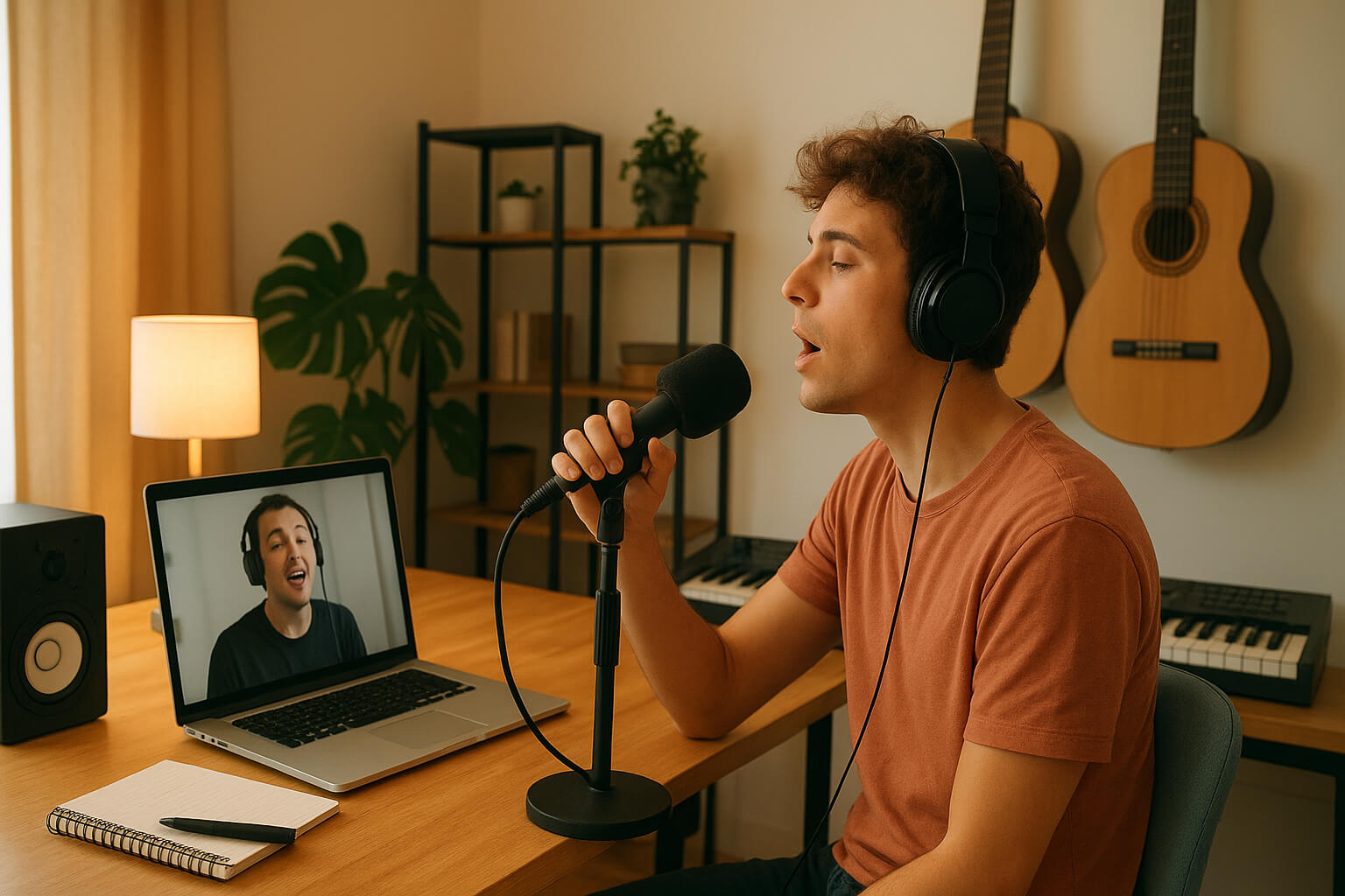 Student taking an online singing lesson at home with headphones and microphone