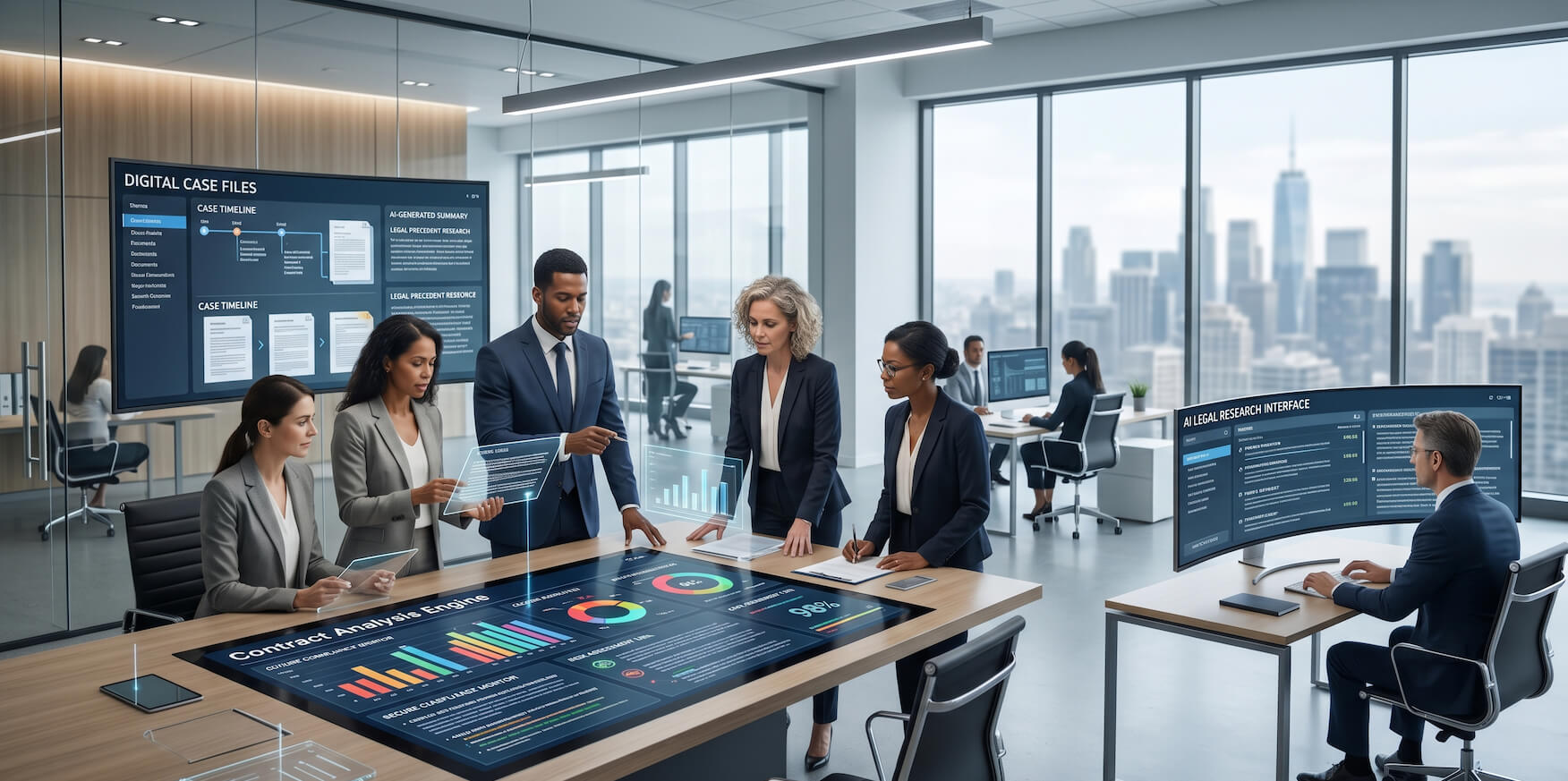 Legal professionals using AI-powered tools in a modern law office with digital case files, compliance dashboards, and research interfaces