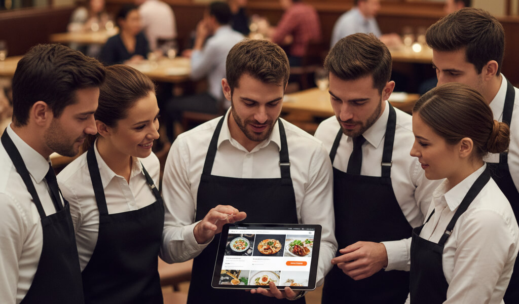 Restaurant staff practicing promoting the restaurant website using a tablet in a modern dining environment.