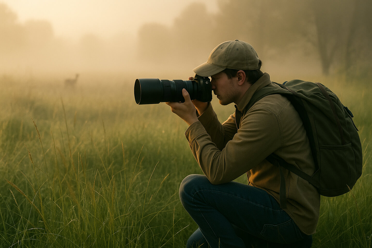 Beginner wildlife photographer capturing animals in nature with telephoto lens during golden hour