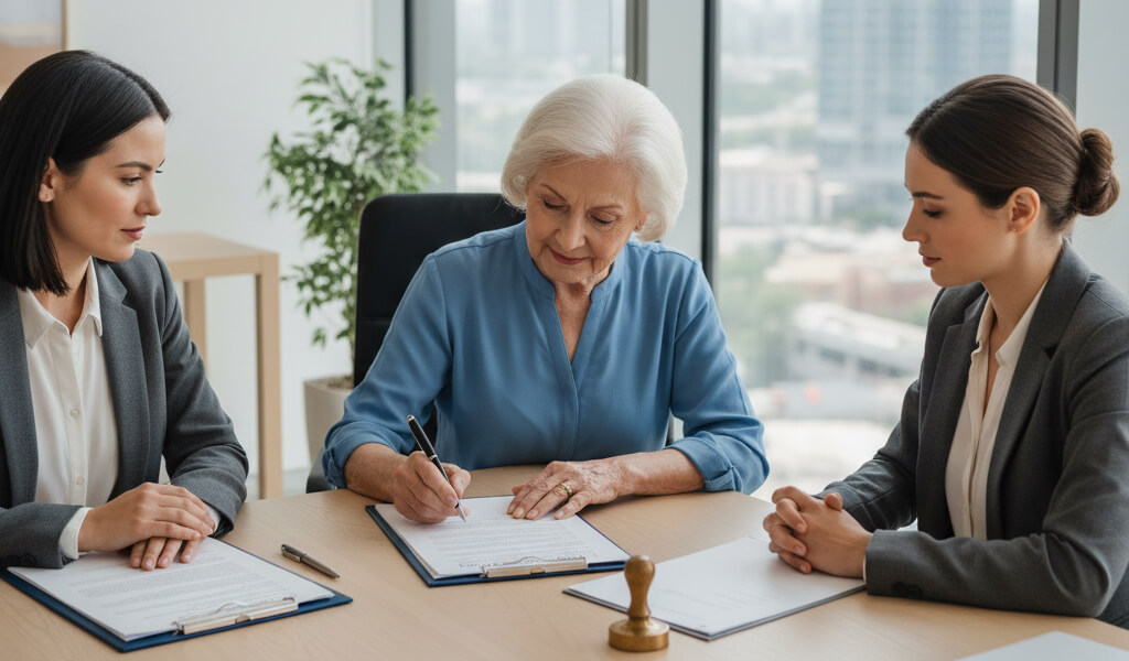 Elderly individual notarizing a will with a notary public and witnesses present.