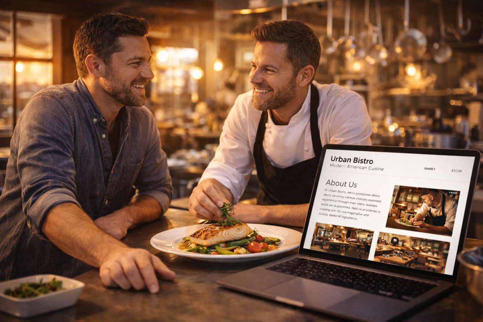 Restaurant owner and chef sharing their story while preparing food with a website showing the restaurant’s About Us page.