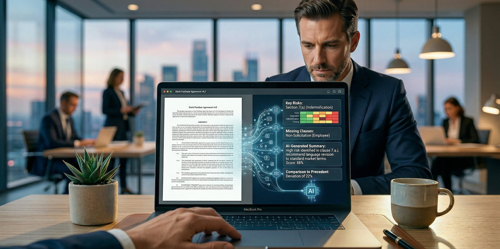 Lawyer using AI tools for legal research and document automation in a modern law firm