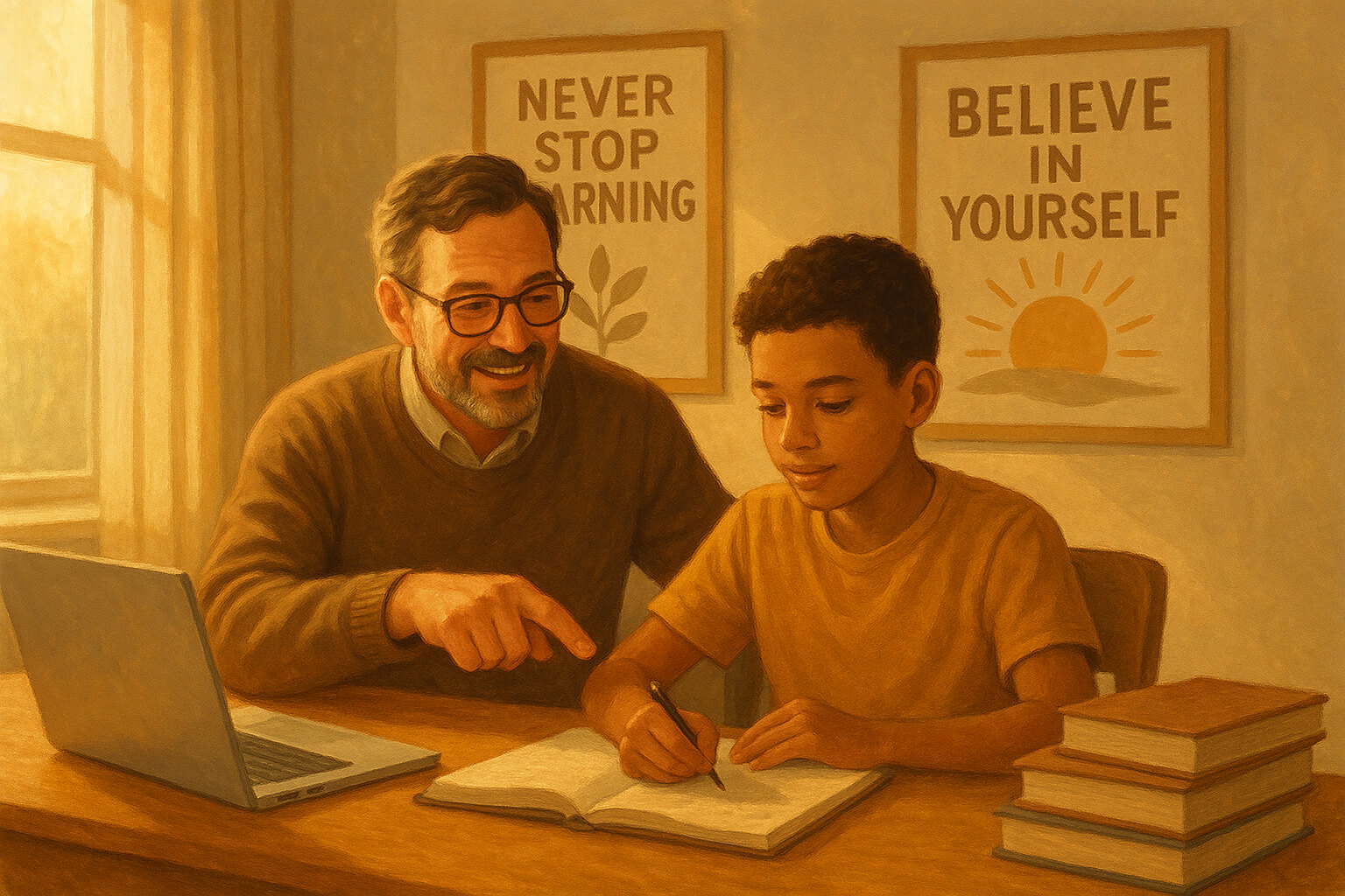 A mentor supporting a student with learning, symbolizing guidance and success through mentorship.