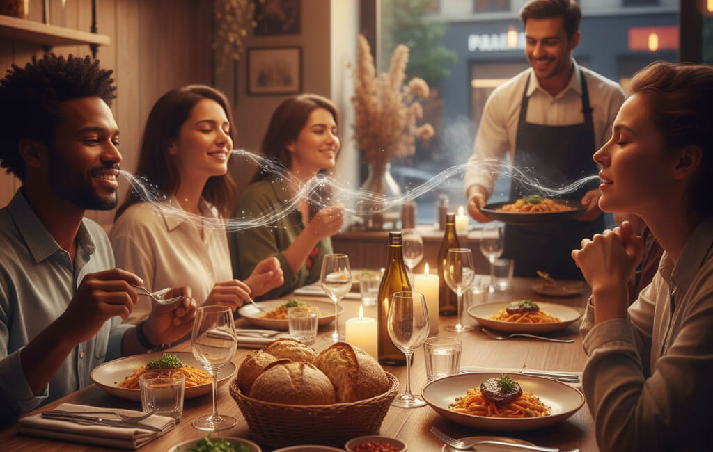 Diners enjoying meals in a cozy restaurant with fresh bread and herbs, illustrating how scent influences food perception and customer experience.