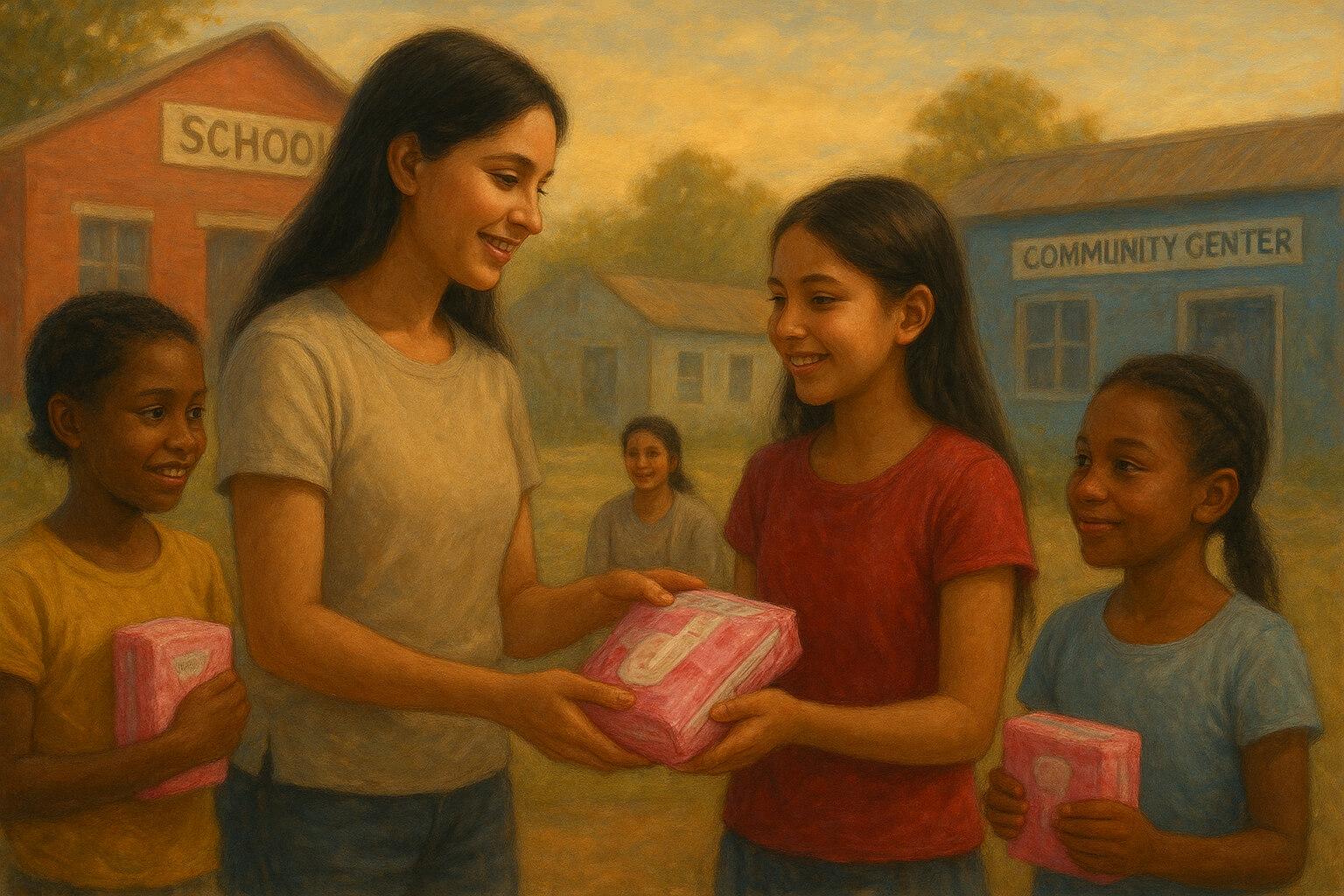 Girls and women receiving menstrual hygiene products at a community distribution center, symbolizing dignity and menstrual equity.