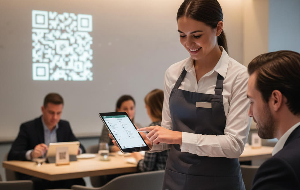 Restaurant staff assisting a guest with a digital menu on a tablet, showcasing modern dining technology.