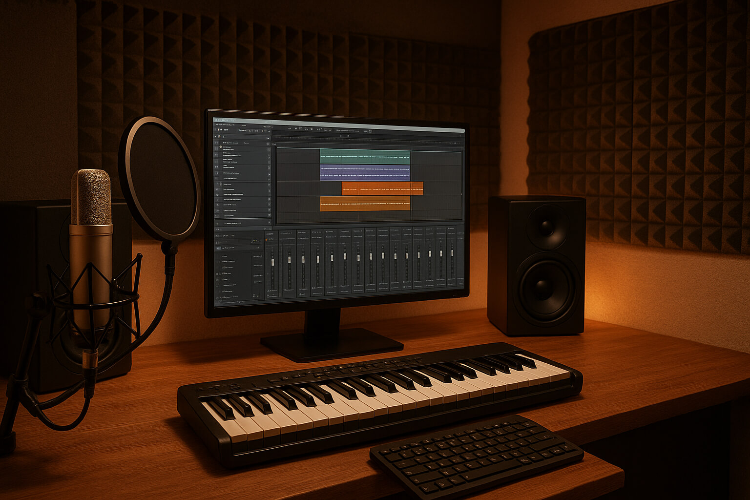 Home recording studio with DAW on computer, microphone, studio monitors, and acoustic treatment.