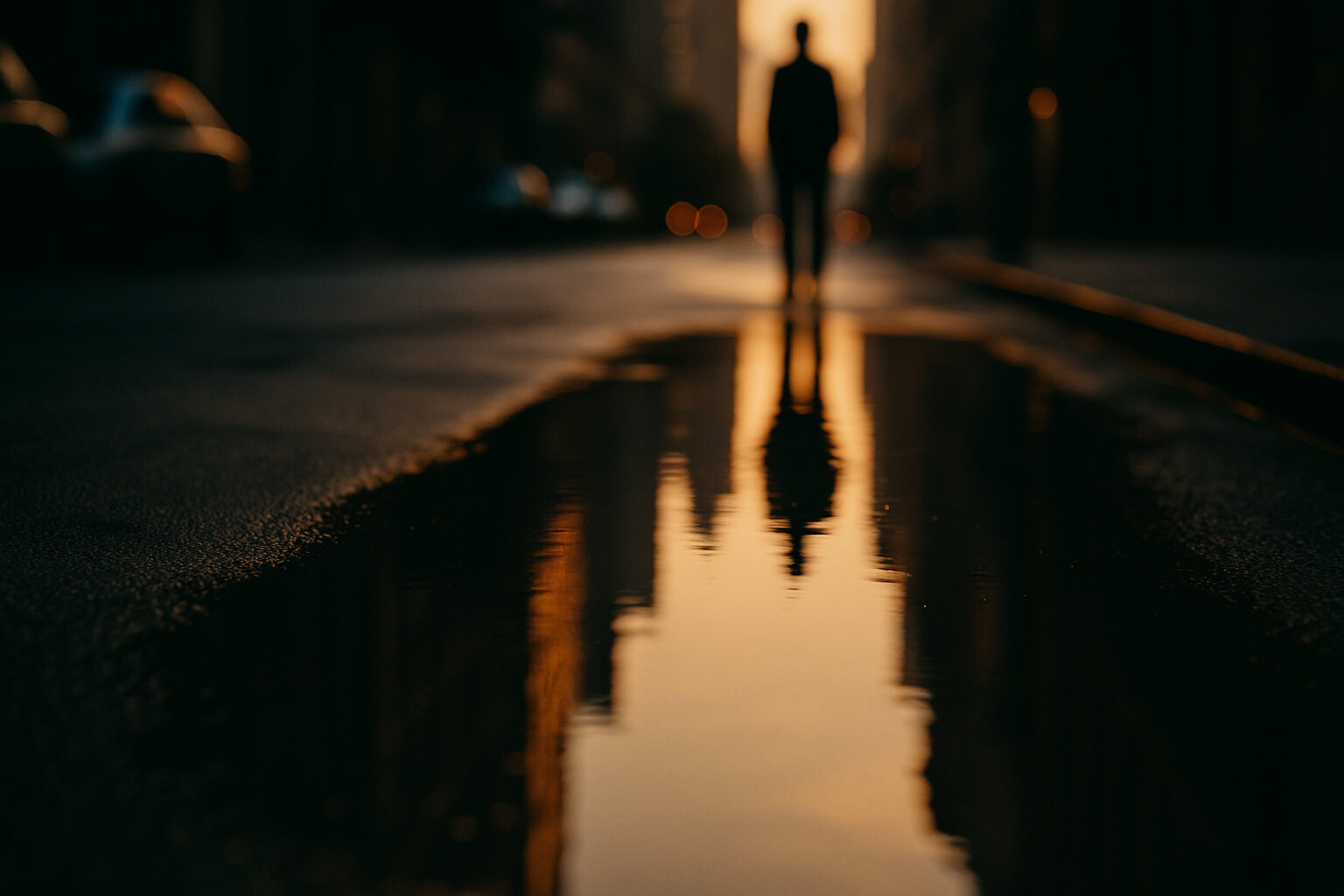 Reflection of a city skyline in a puddle at sunset, captured creatively with soft light and shallow depth of field