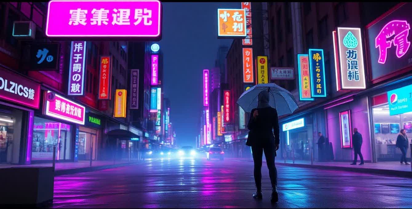 Person standing under neon lights on rainy city street with cyberpunk color grading.