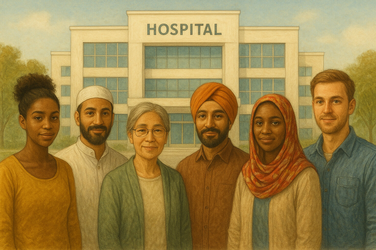 Diverse group of people united in front of a hospital, symbolizing equal access to healthcare as a human right.