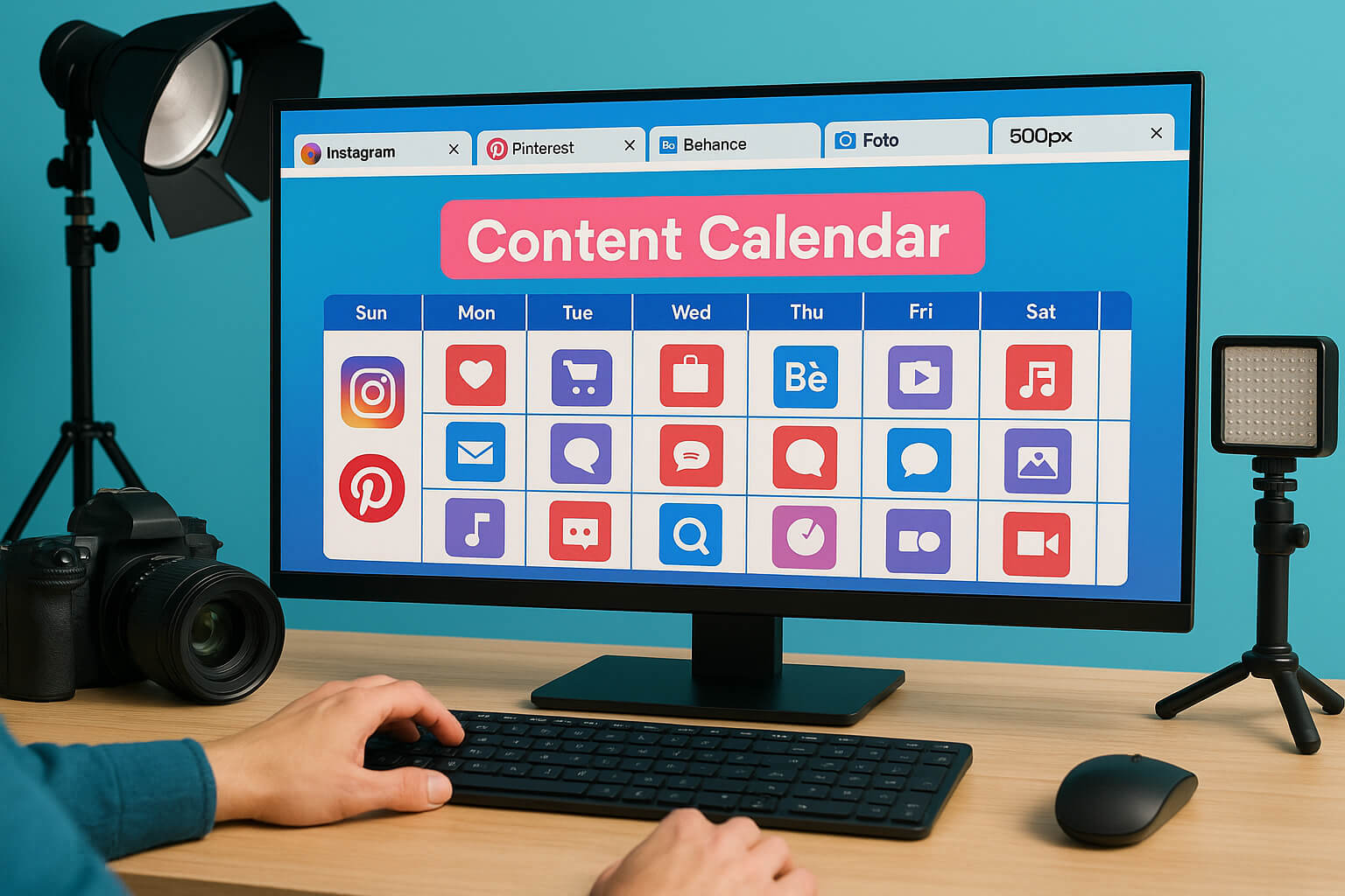 Photographer’s workspace with social media strategy and multiple platforms open on screen.