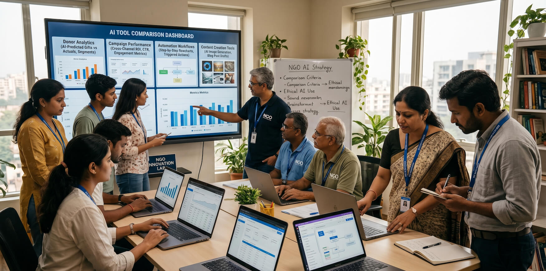 NGO team comparing different AI tools for fundraising and operations