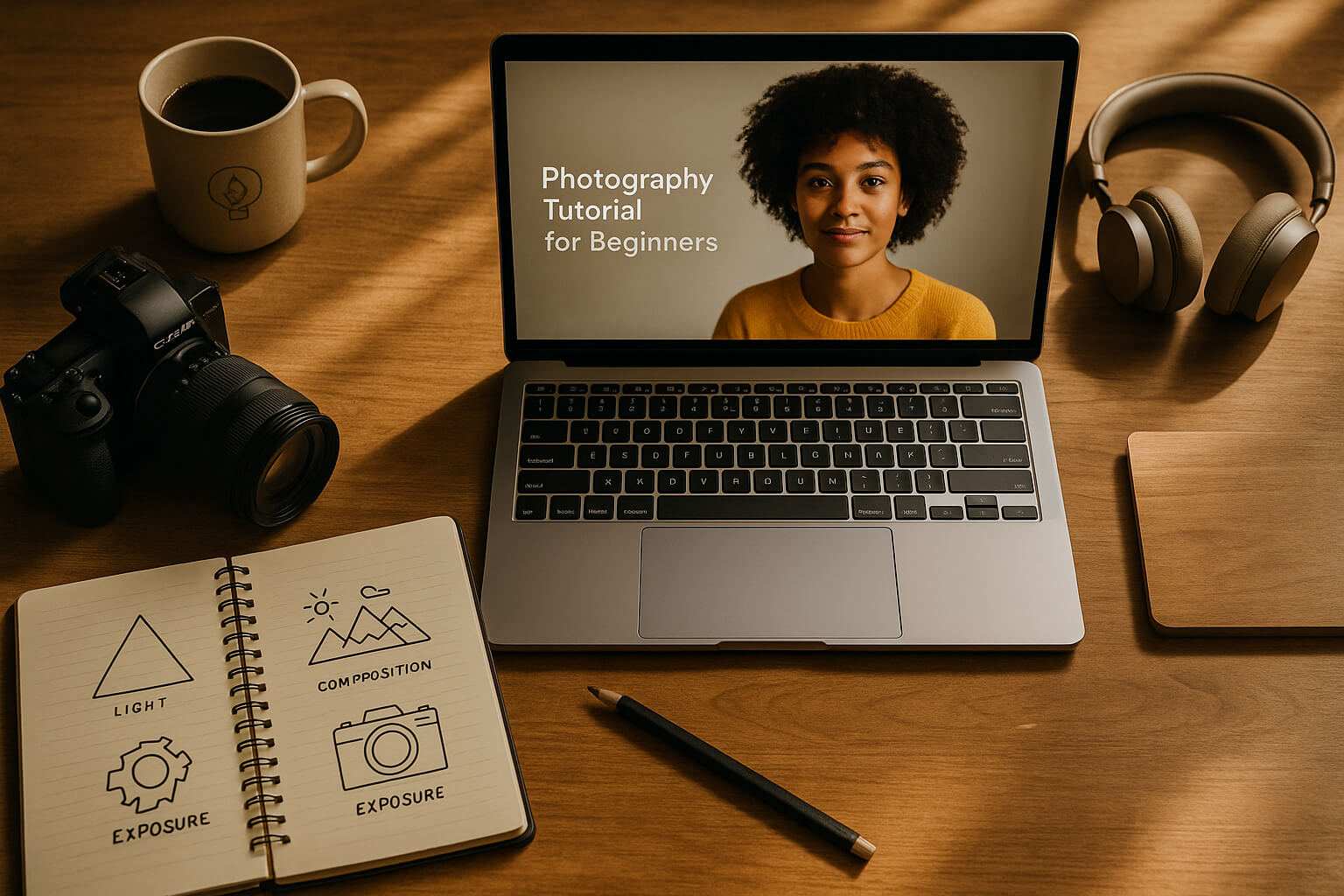 Photography course workspace with camera, laptop showing an online class, notebook, and coffee on wooden desk.